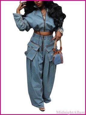 Women's Denim 2 Piece Cargo Jean Set Crop Jacket Wide Leg Pants Y2K